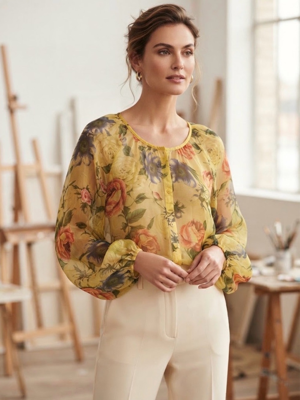 Sheer Floral Button-Front Blouse in Yellow